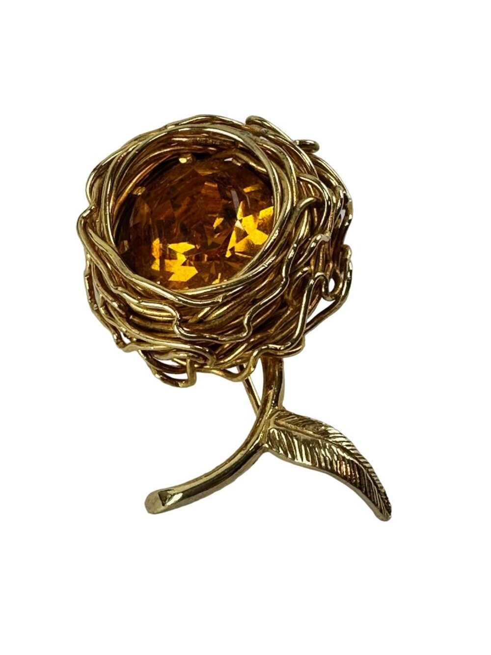 Castlecliff Flower Brooch Gold Tone with Large Amber Colored Stone